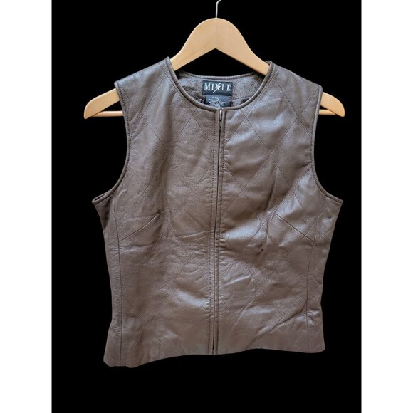 Mixit Brown Quilted Genuine Leather Sleeveless Vest With Zipper Closure Womens S - Picture 1 of 4
